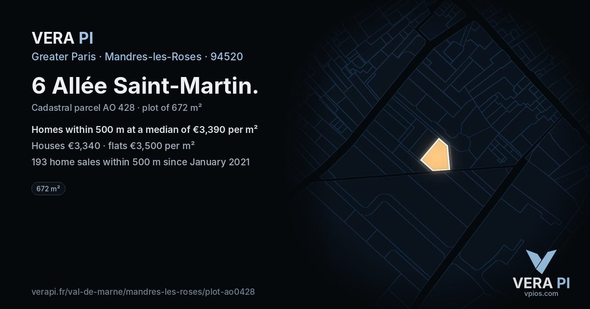 6 Allée Saint-Martin, Mandres-les-Roses at night – the plot lit, the parcels around coloured by the prices near them
