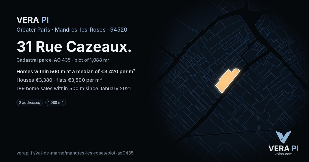 31 Rue Cazeaux, Mandres-les-Roses at night – the plot lit, the parcels around coloured by the prices near them