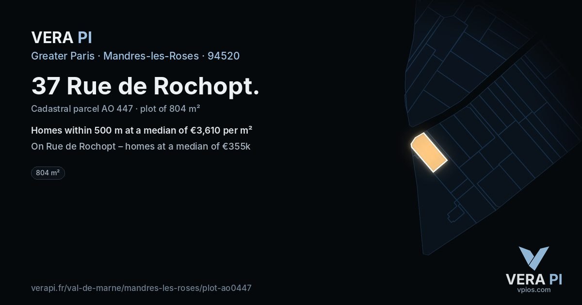 37 Rue de Rochopt, Mandres-les-Roses at night – the plot lit, the parcels around coloured by the prices near them