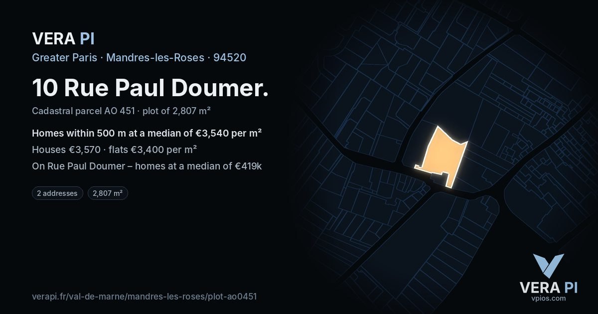 10 Rue Paul Doumer, Mandres-les-Roses at night – the plot lit, the parcels around coloured by the prices near them