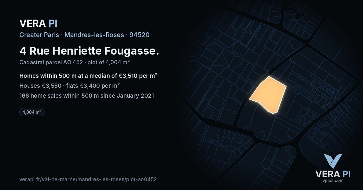 4 Rue Henriette Fougasse, Mandres-les-Roses at night – the plot lit, the parcels around coloured by the prices near them