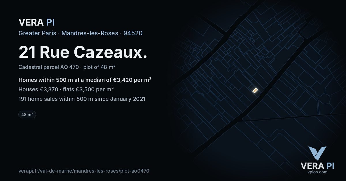 21 Rue Cazeaux, Mandres-les-Roses at night – the plot lit, the parcels around coloured by the prices near them