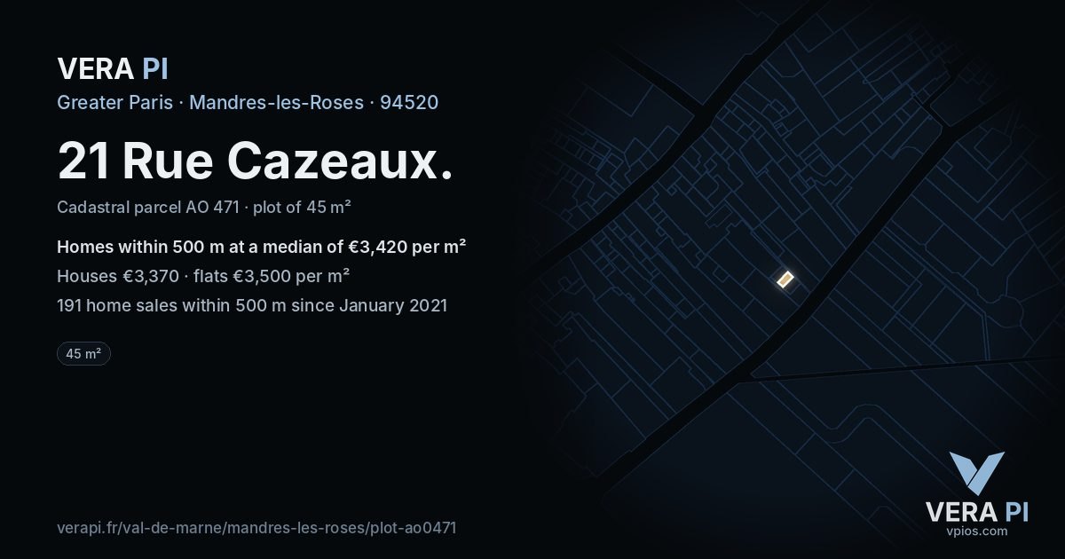 21 Rue Cazeaux, Mandres-les-Roses at night – the plot lit, the parcels around coloured by the prices near them