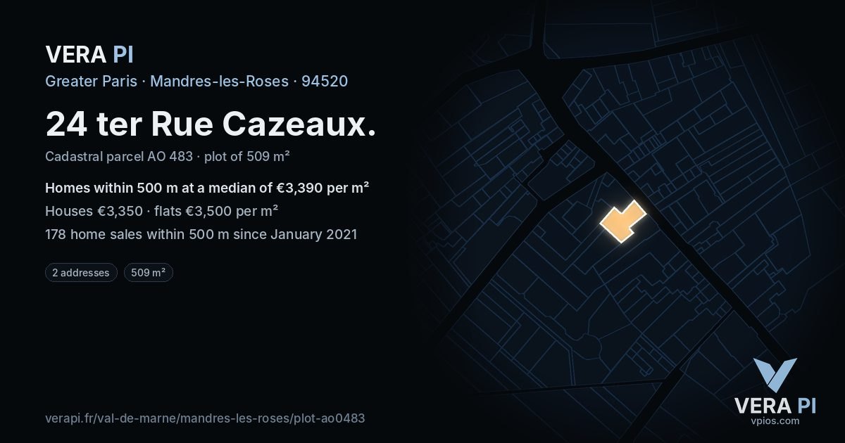 24 ter Rue Cazeaux, Mandres-les-Roses at night – the plot lit, the parcels around coloured by the prices near them