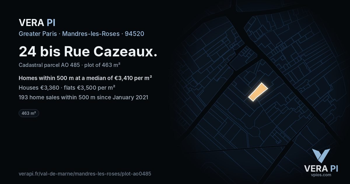 24 bis Rue Cazeaux, Mandres-les-Roses at night – the plot lit, the parcels around coloured by the prices near them