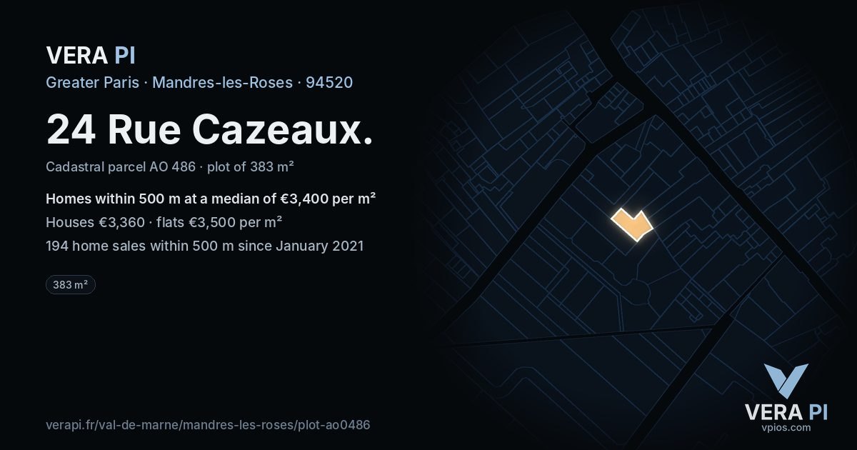 24 Rue Cazeaux, Mandres-les-Roses at night – the plot lit, the parcels around coloured by the prices near them