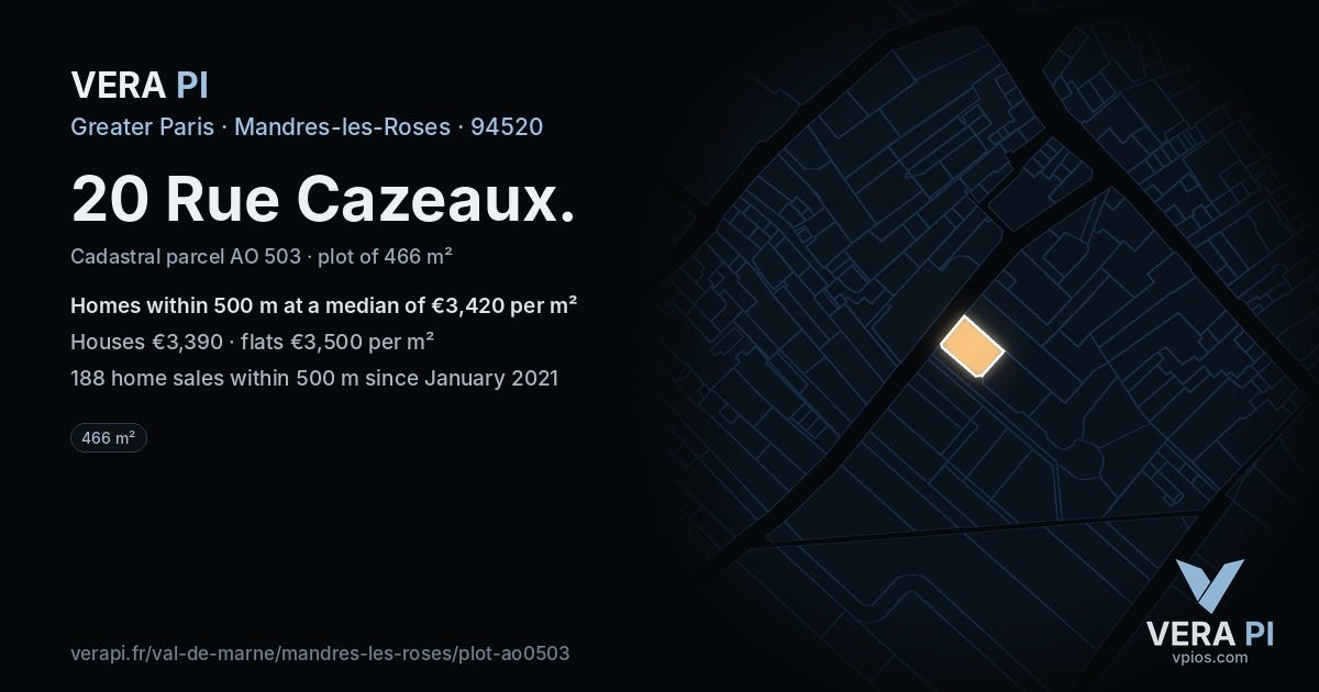 20 Rue Cazeaux, Mandres-les-Roses at night – the plot lit, the parcels around coloured by the prices near them