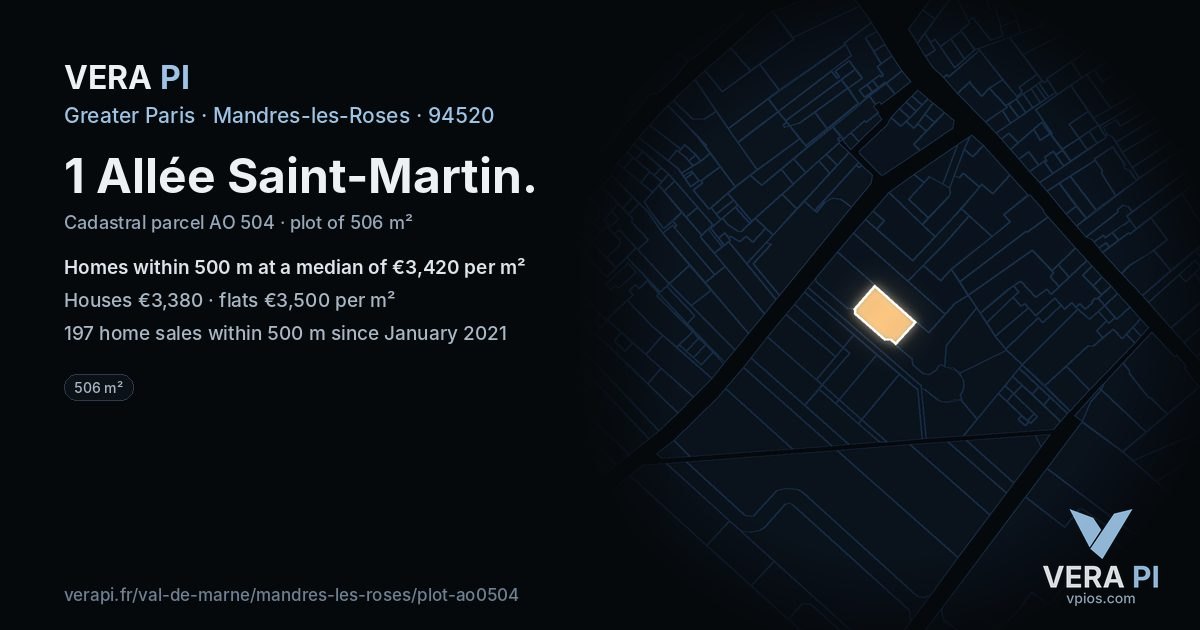 1 Allée Saint-Martin, Mandres-les-Roses at night – the plot lit, the parcels around coloured by the prices near them