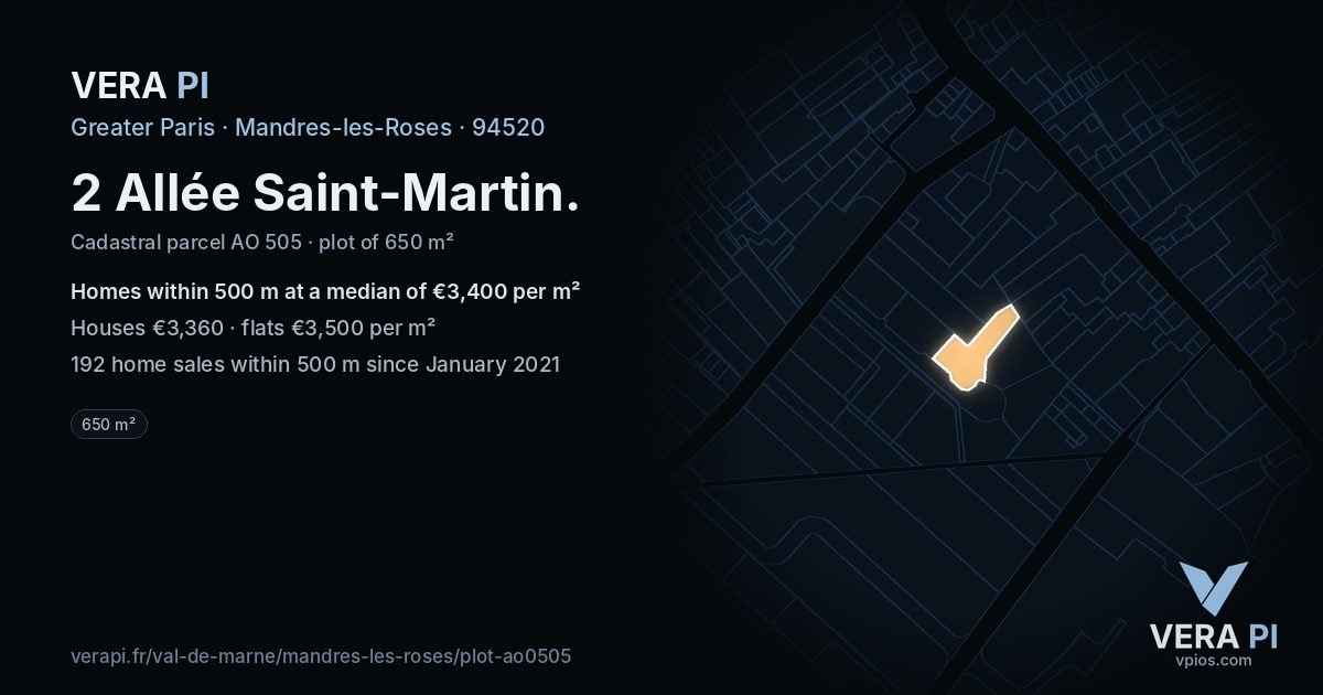 2 Allée Saint-Martin, Mandres-les-Roses at night – the plot lit, the parcels around coloured by the prices near them