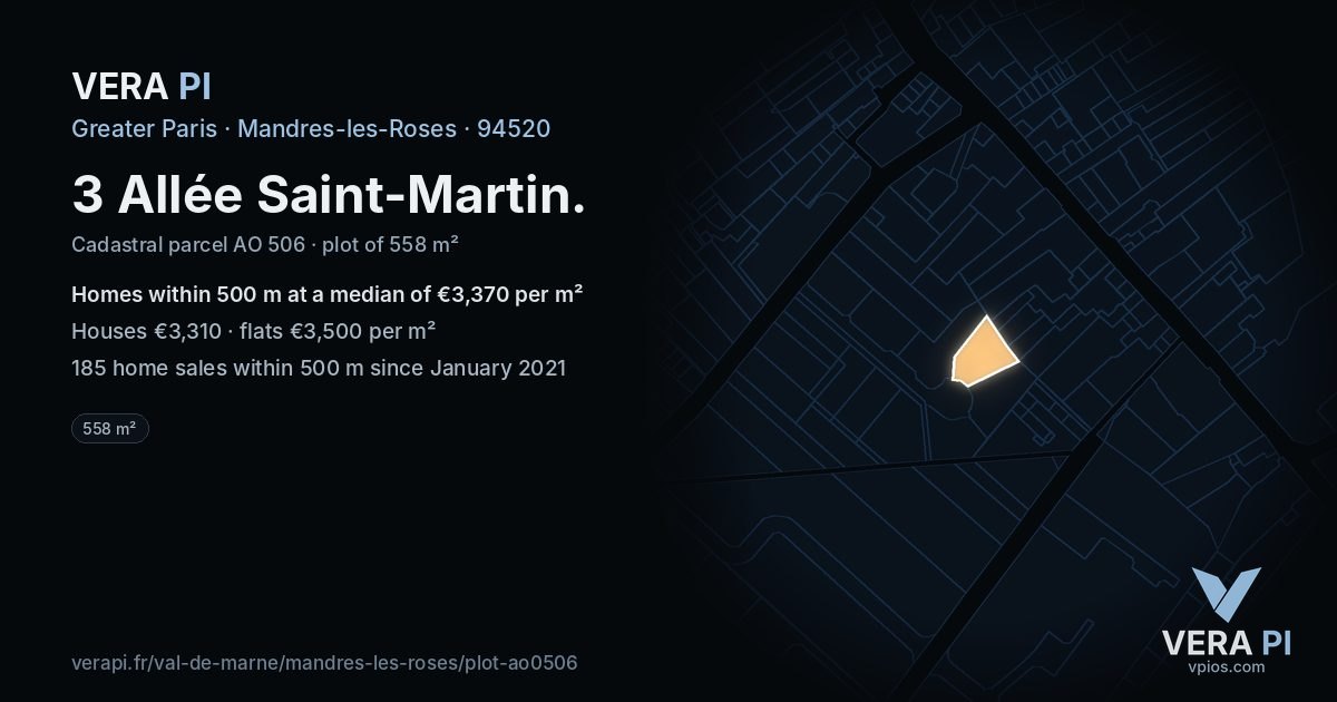 3 Allée Saint-Martin, Mandres-les-Roses at night – the plot lit, the parcels around coloured by the prices near them