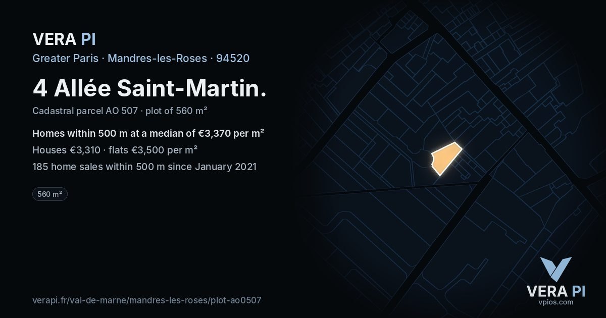 4 Allée Saint-Martin, Mandres-les-Roses at night – the plot lit, the parcels around coloured by the prices near them