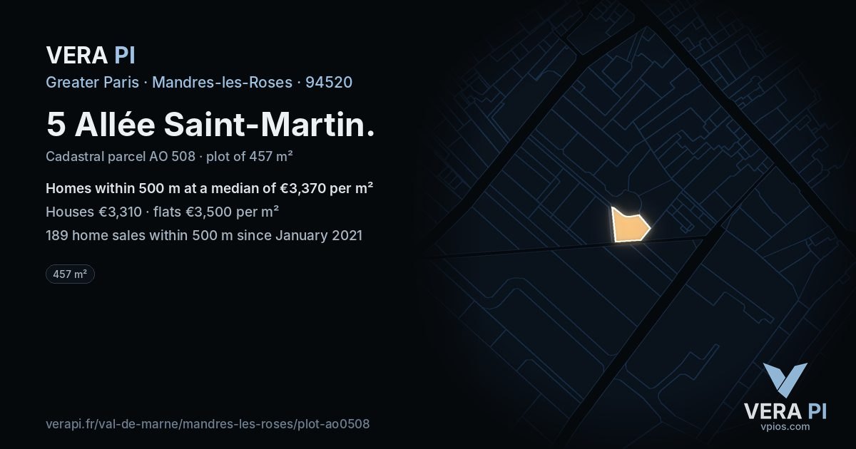 5 Allée Saint-Martin, Mandres-les-Roses at night – the plot lit, the parcels around coloured by the prices near them