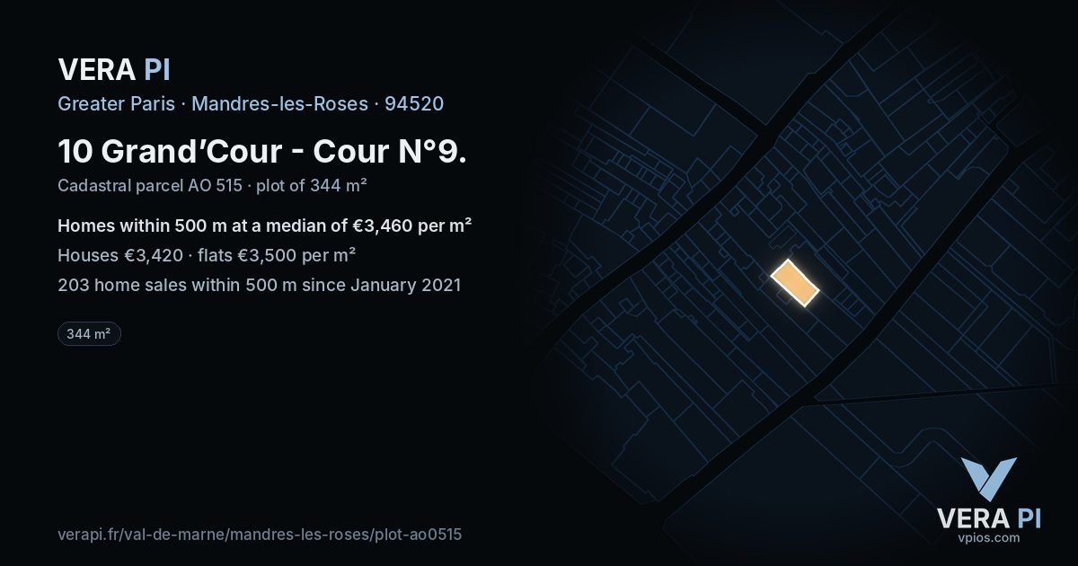10 Grand’Cour - Cour N°9, Mandres-les-Roses at night – the plot lit, the parcels around coloured by the prices near them