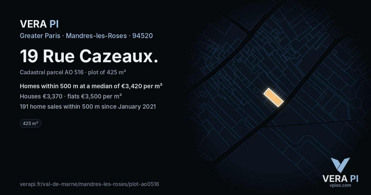 19 Rue Cazeaux, Mandres-les-Roses at night – the plot lit, the parcels around coloured by the prices near them