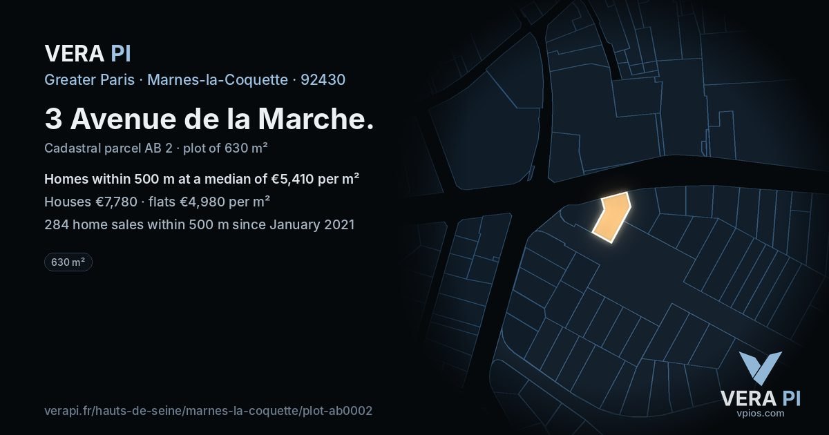 3 Avenue de la Marche, Marnes-la-Coquette at night – the plot lit, the parcels around coloured by the prices near them