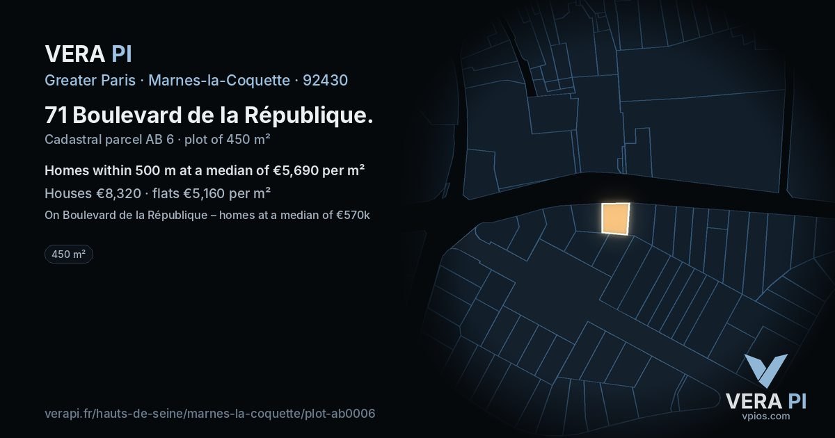 71 Boulevard de la République, Marnes-la-Coquette at night – the plot lit, the parcels around coloured by the prices near them