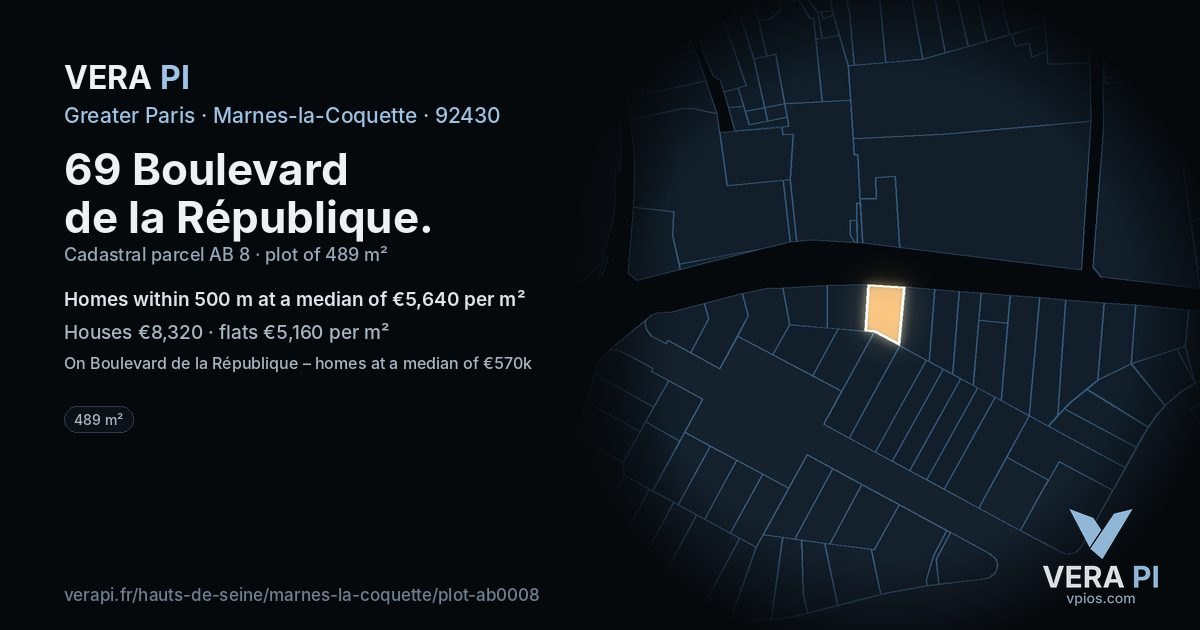 69 Boulevard de la République, Marnes-la-Coquette at night – the plot lit, the parcels around coloured by the prices near them