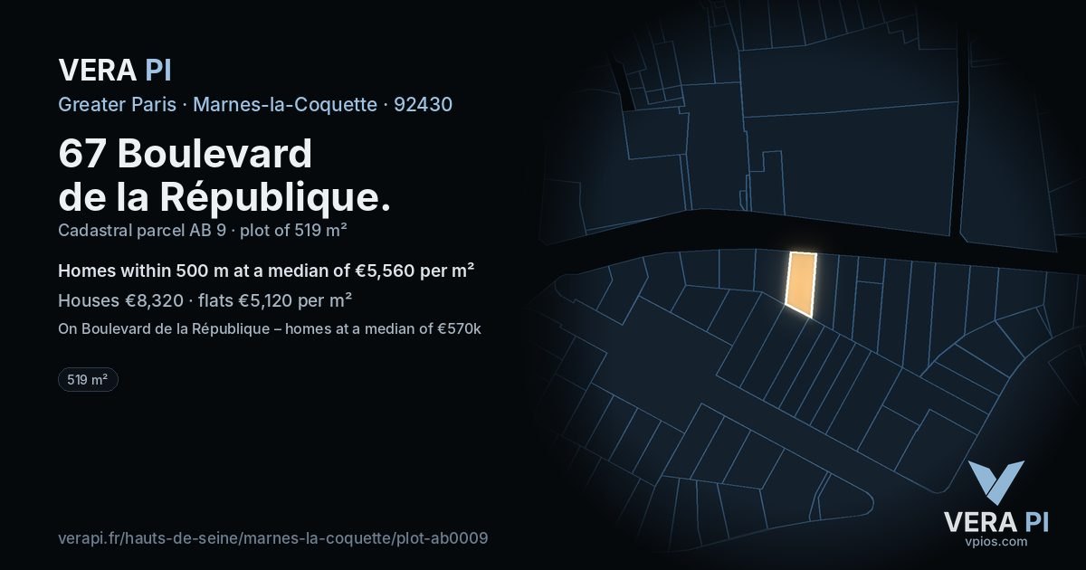 67 Boulevard de la République, Marnes-la-Coquette at night – the plot lit, the parcels around coloured by the prices near them
