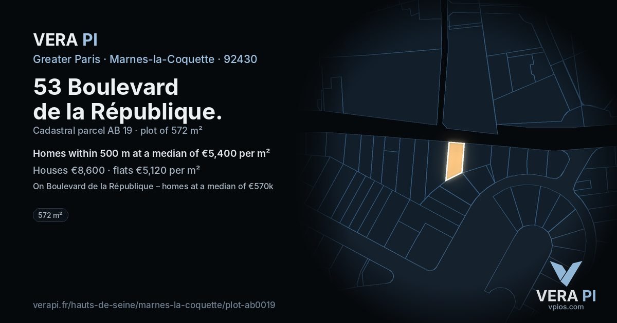 53 Boulevard de la République, Marnes-la-Coquette at night – the plot lit, the parcels around coloured by the prices near them