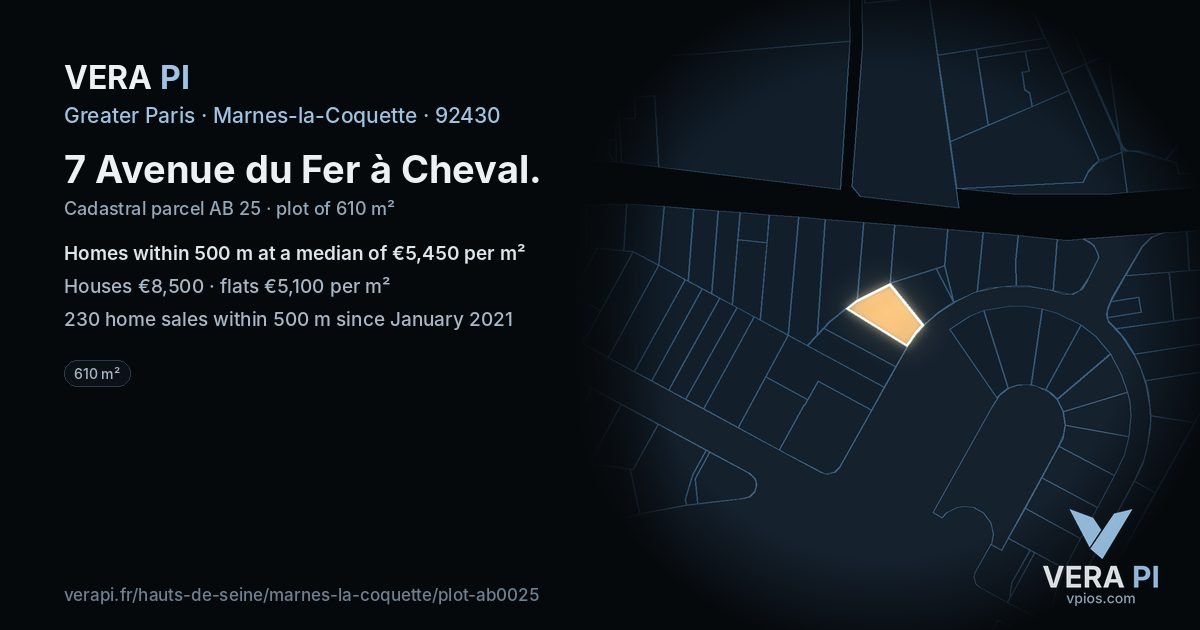 7 Avenue du Fer à Cheval, Marnes-la-Coquette at night – the plot lit, the parcels around coloured by the prices near them