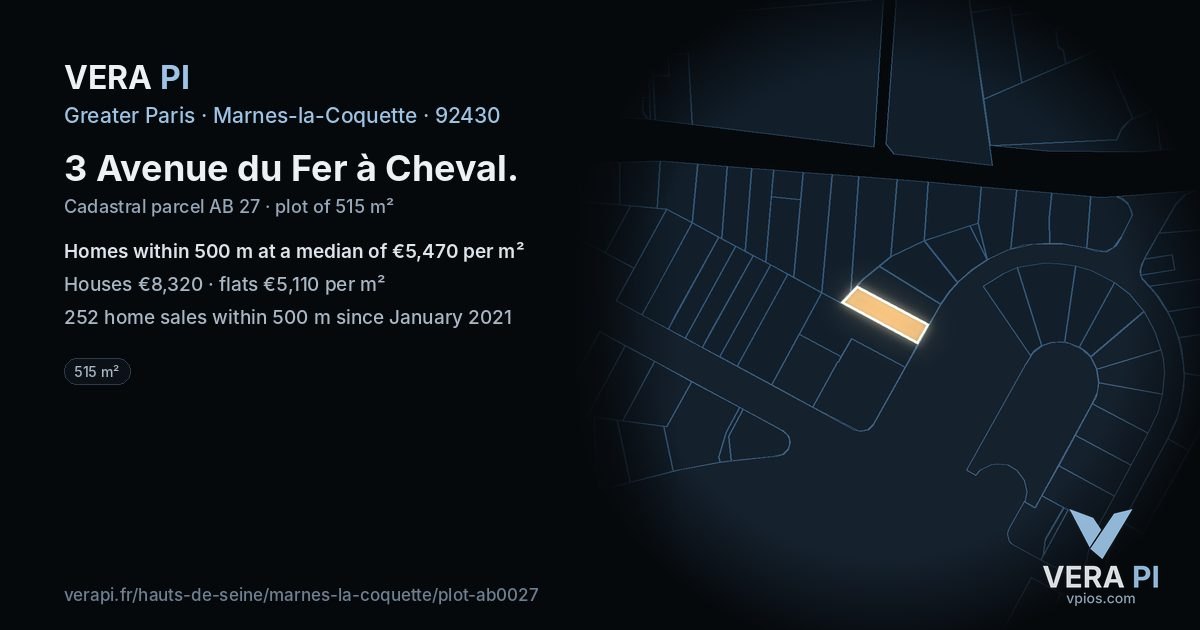 3 Avenue du Fer à Cheval, Marnes-la-Coquette at night – the plot lit, the parcels around coloured by the prices near them