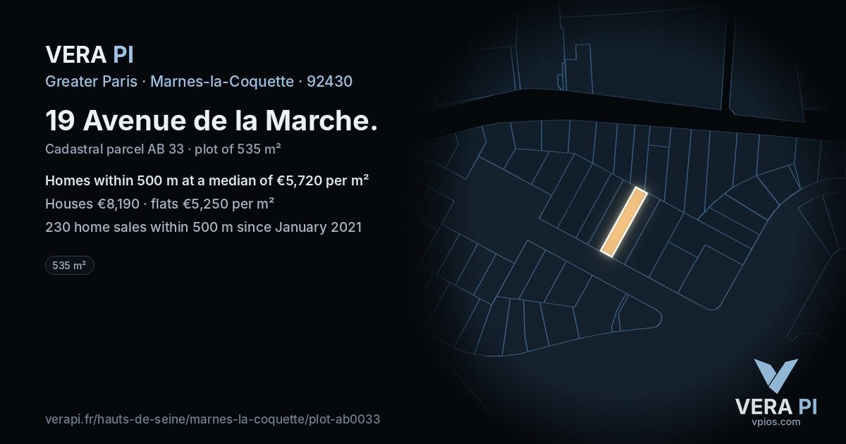 19 Avenue de la Marche, Marnes-la-Coquette at night – the plot lit, the parcels around coloured by the prices near them