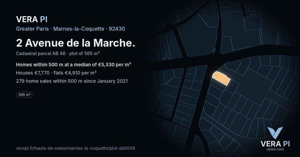2 Avenue de la Marche, Marnes-la-Coquette at night – the plot lit, the parcels around coloured by the prices near them