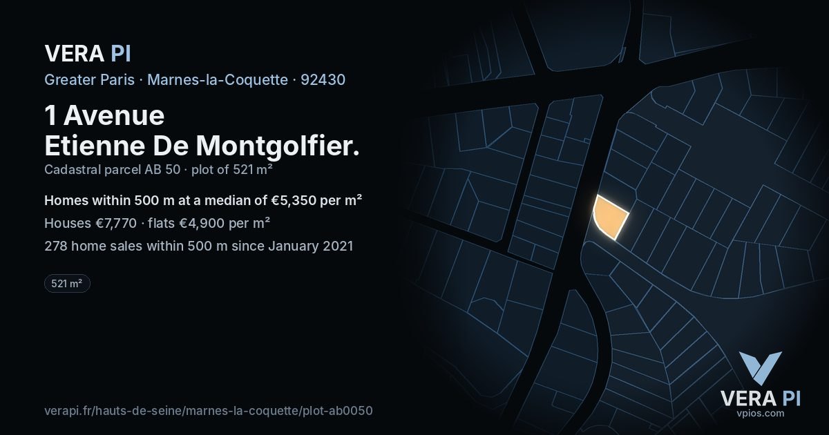 1 Avenue Etienne De Montgolfier, Marnes-la-Coquette at night – the plot lit, the parcels around coloured by the prices near them