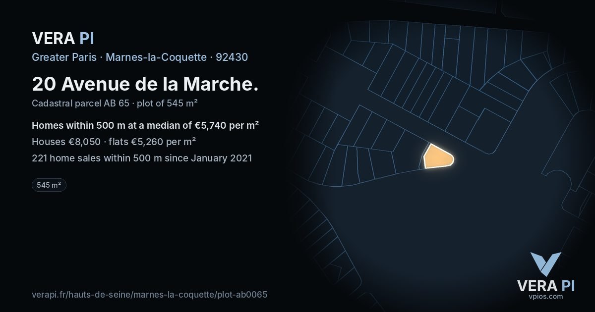 20 Avenue de la Marche, Marnes-la-Coquette at night – the plot lit, the parcels around coloured by the prices near them