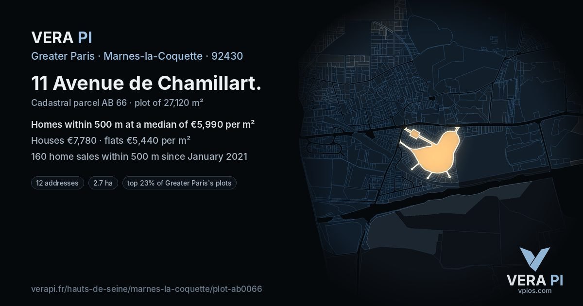 11 Avenue de Chamillart, Marnes-la-Coquette at night – the plot lit, the parcels around coloured by the prices near them