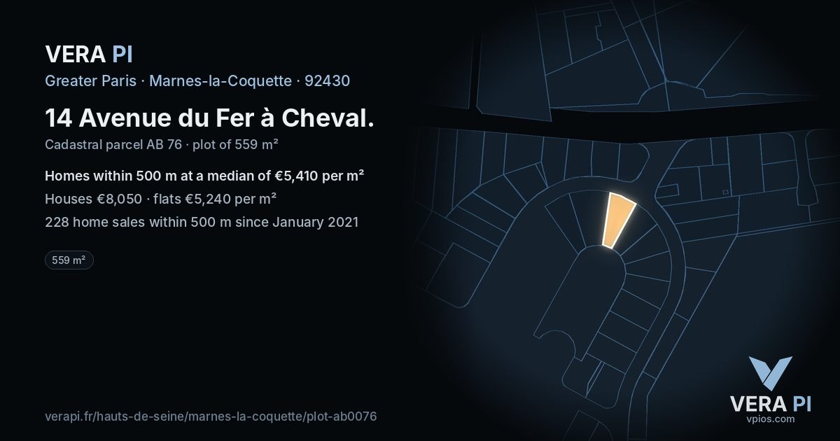 14 Avenue du Fer à Cheval, Marnes-la-Coquette at night – the plot lit, the parcels around coloured by the prices near them