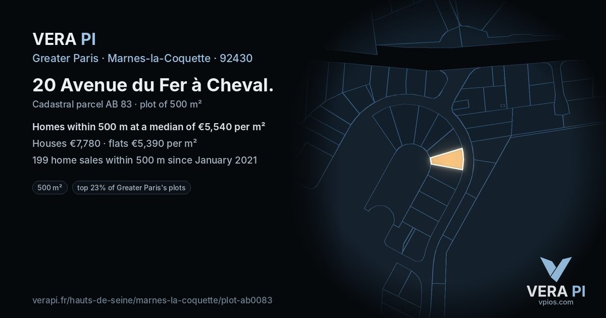 20 Avenue du Fer à Cheval, Marnes-la-Coquette at night – the plot lit, the parcels around coloured by the prices near them