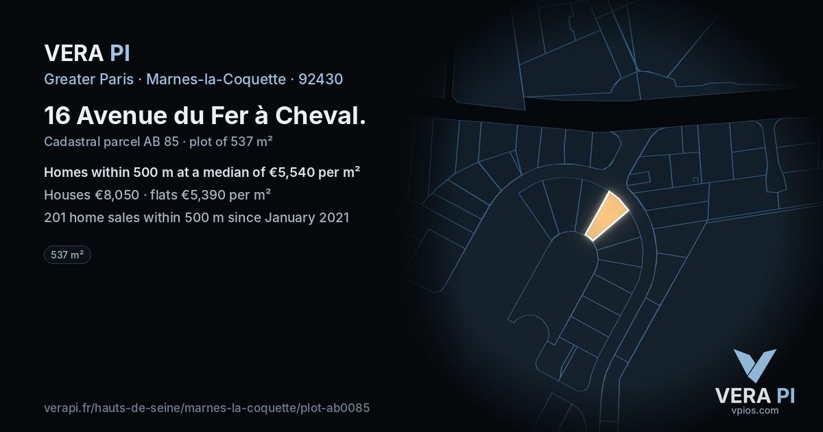 16 Avenue du Fer à Cheval, Marnes-la-Coquette at night – the plot lit, the parcels around coloured by the prices near them