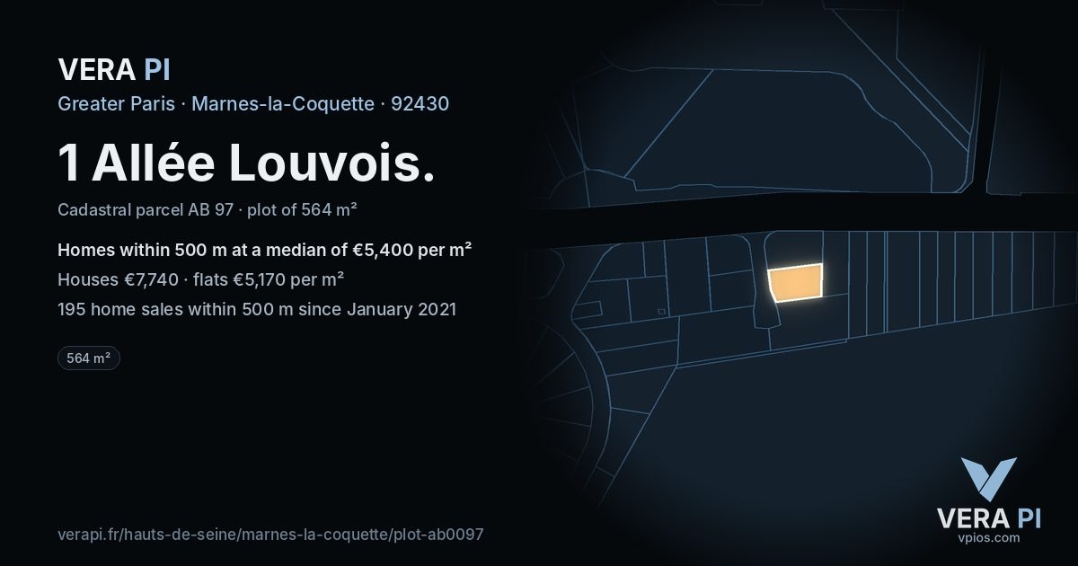 1 Allée Louvois, Marnes-la-Coquette at night – the plot lit, the parcels around coloured by the prices near them