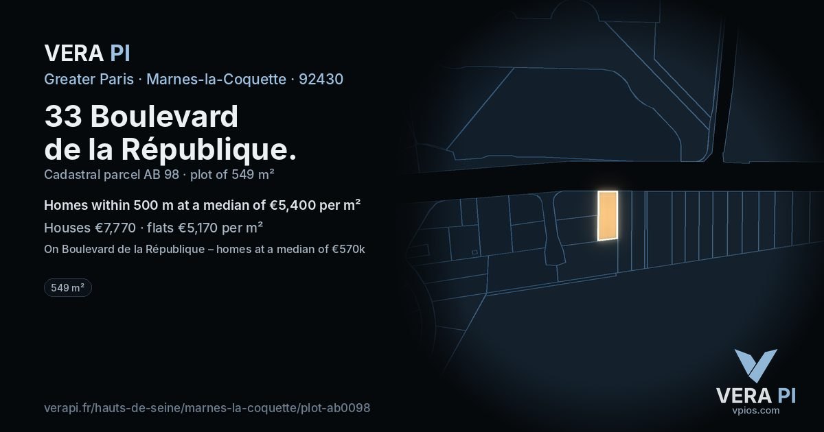 33 Boulevard de la République, Marnes-la-Coquette at night – the plot lit, the parcels around coloured by the prices near them