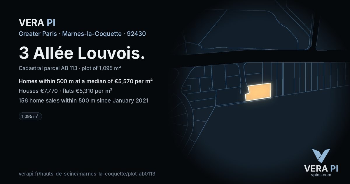 3 Allée Louvois, Marnes-la-Coquette at night – the plot lit, the parcels around coloured by the prices near them
