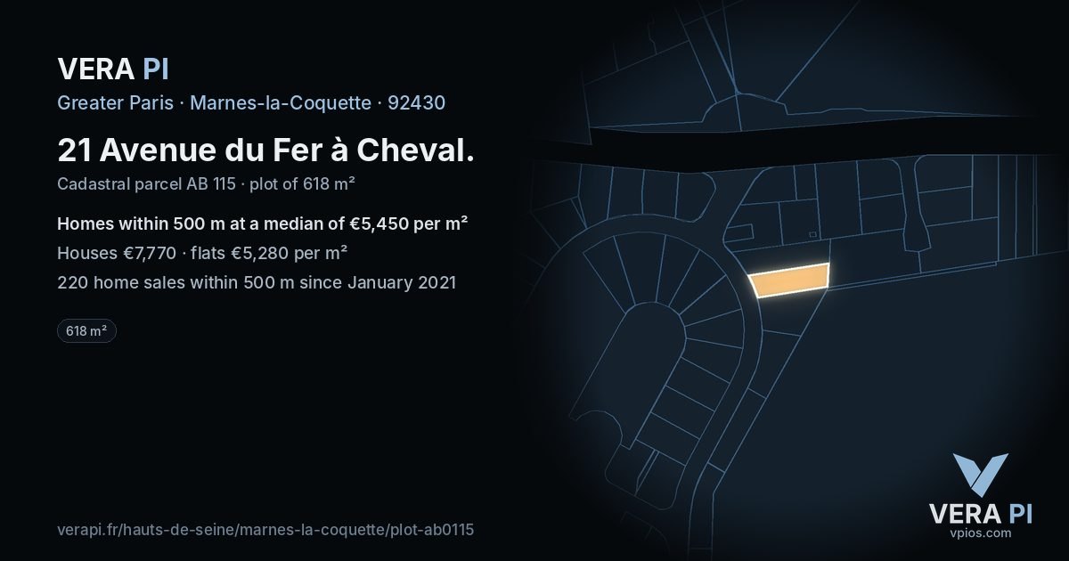 21 Avenue du Fer à Cheval, Marnes-la-Coquette at night – the plot lit, the parcels around coloured by the prices near them