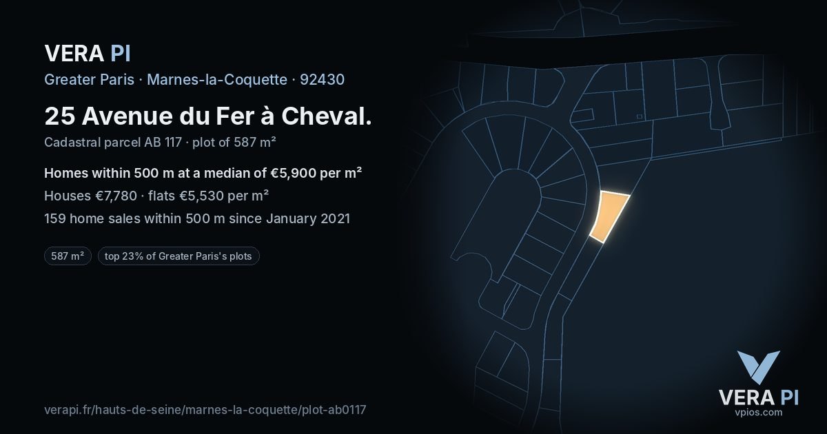25 Avenue du Fer à Cheval, Marnes-la-Coquette at night – the plot lit, the parcels around coloured by the prices near them