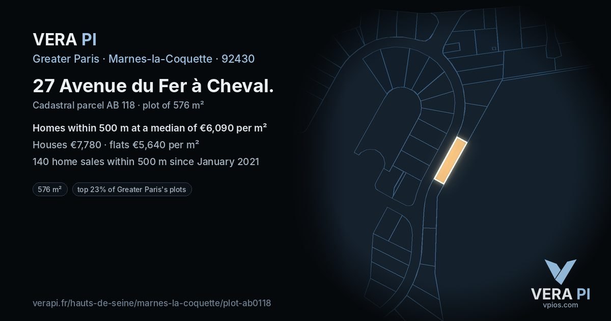 27 Avenue du Fer à Cheval, Marnes-la-Coquette at night – the plot lit, the parcels around coloured by the prices near them