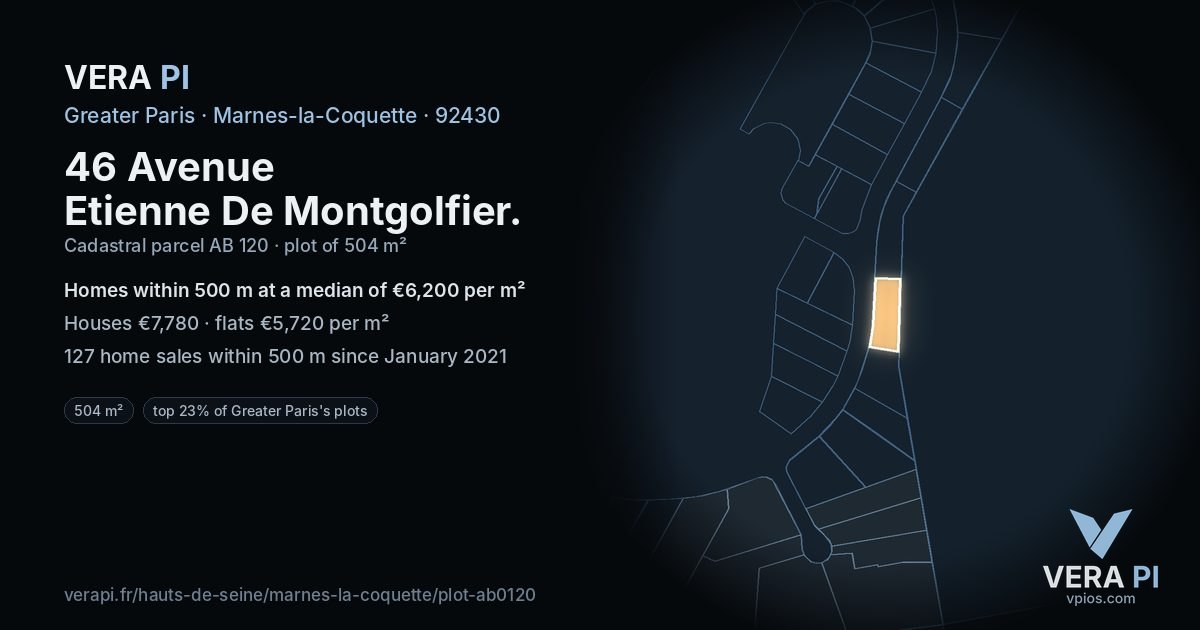 46 Avenue Etienne De Montgolfier, Marnes-la-Coquette at night – the plot lit, the parcels around coloured by the prices near them