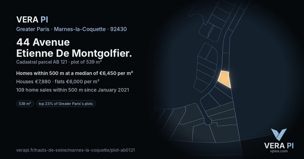 44 Avenue Etienne De Montgolfier, Marnes-la-Coquette at night – the plot lit, the parcels around coloured by the prices near them