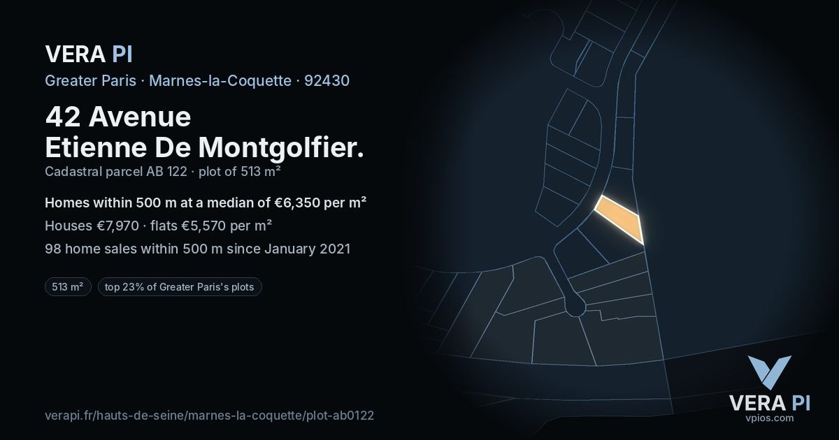 42 Avenue Etienne De Montgolfier, Marnes-la-Coquette at night – the plot lit, the parcels around coloured by the prices near them