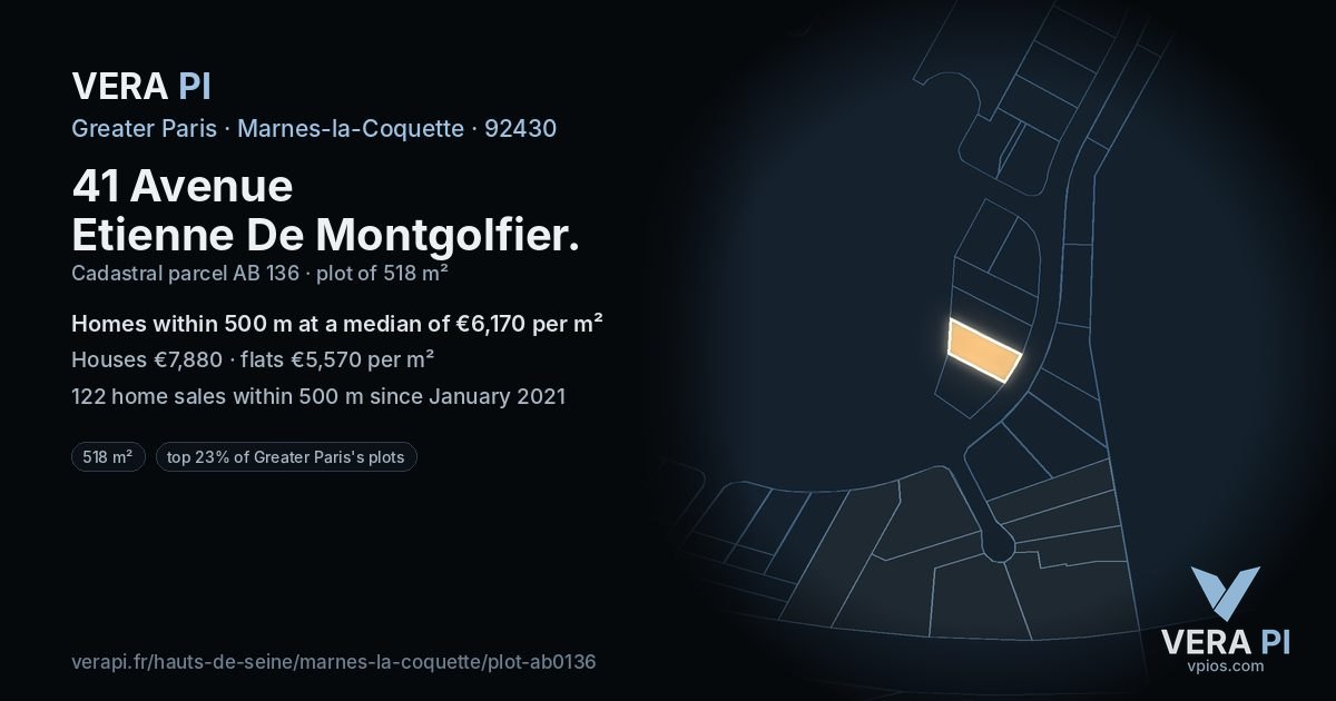 41 Avenue Etienne De Montgolfier, Marnes-la-Coquette at night – the plot lit, the parcels around coloured by the prices near them