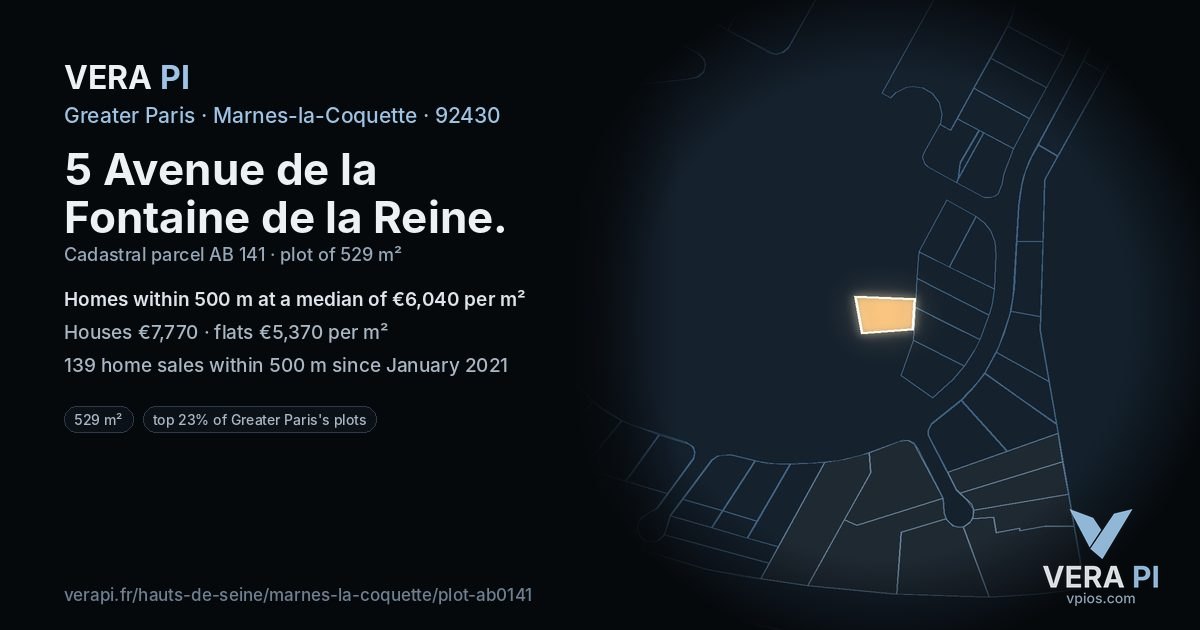 5 Avenue de la Fontaine de la Reine, Marnes-la-Coquette at night – the plot lit, the parcels around coloured by the prices near them