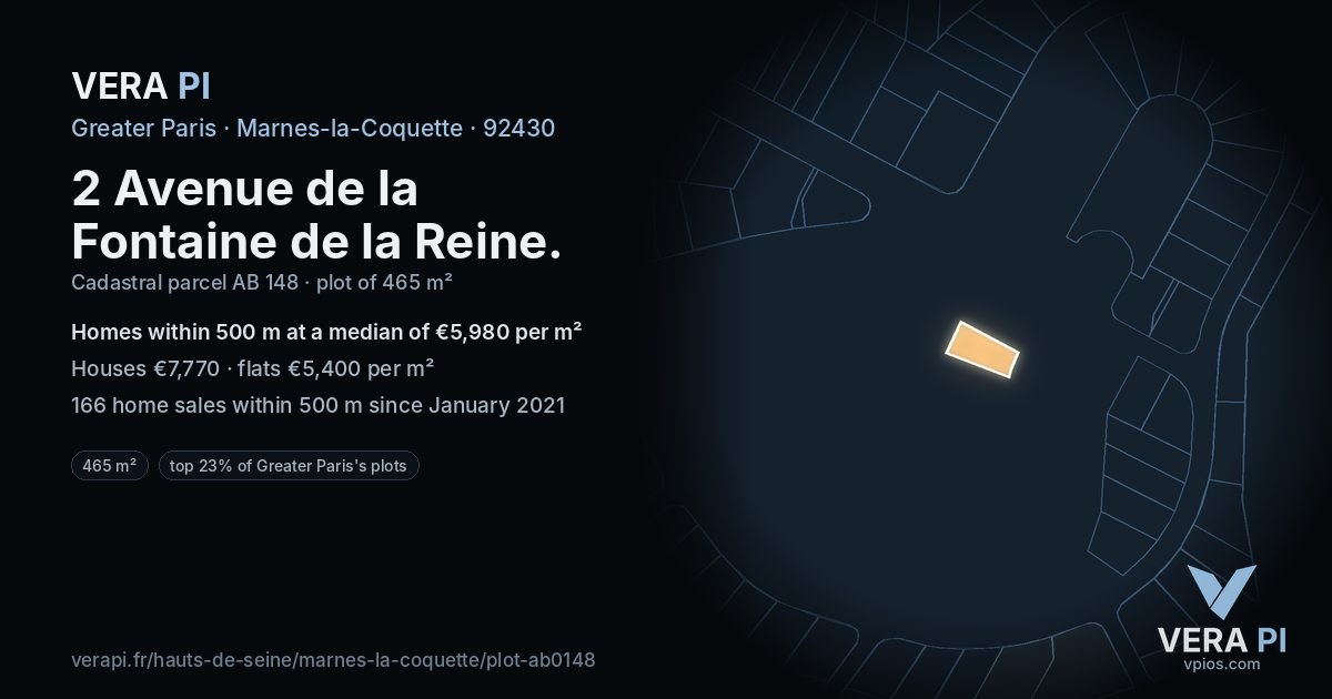 2 Avenue de la Fontaine de la Reine, Marnes-la-Coquette at night – the plot lit, the parcels around coloured by the prices near them