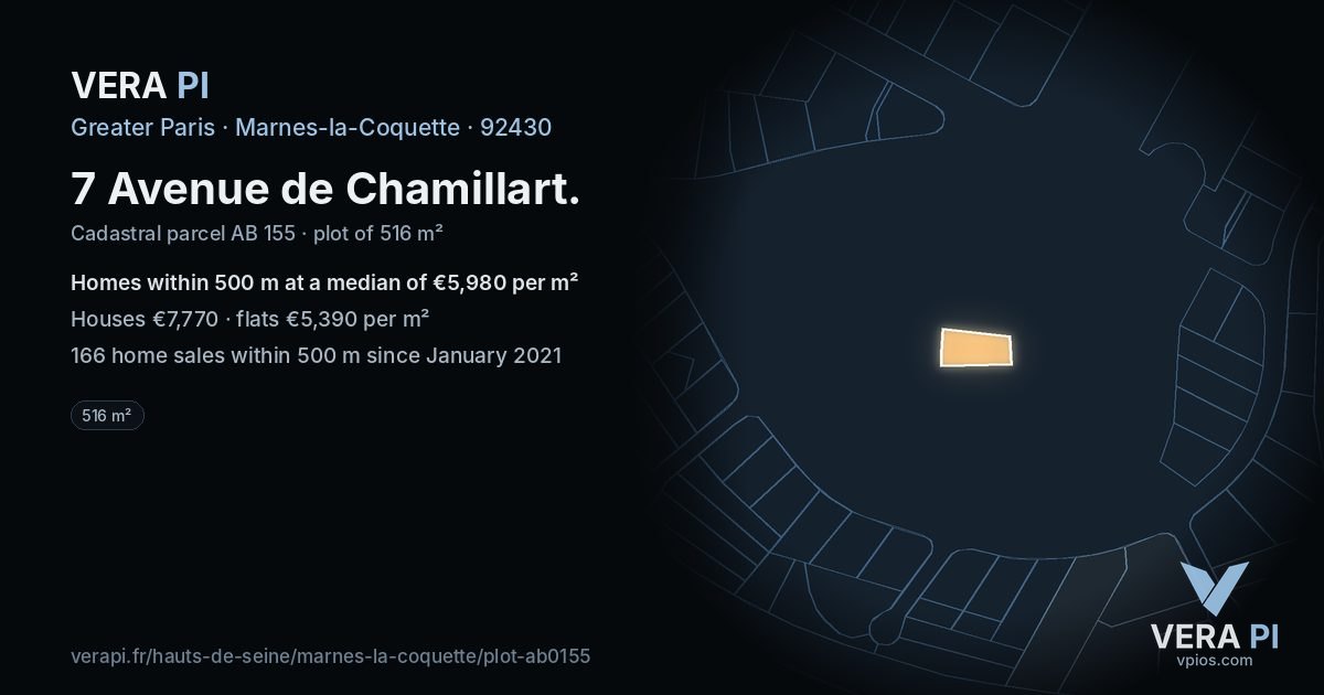 7 Avenue de Chamillart, Marnes-la-Coquette at night – the plot lit, the parcels around coloured by the prices near them