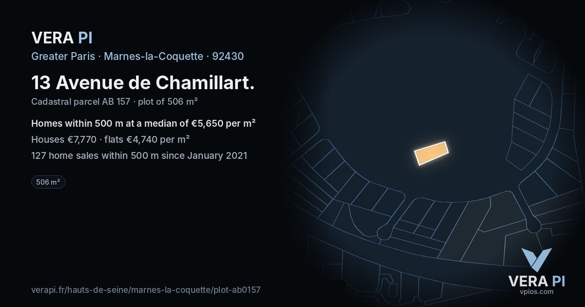 13 Avenue de Chamillart, Marnes-la-Coquette at night – the plot lit, the parcels around coloured by the prices near them
