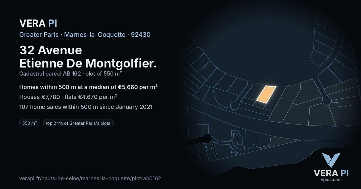 32 Avenue Etienne De Montgolfier, Marnes-la-Coquette at night – the plot lit, the parcels around coloured by the prices near them
