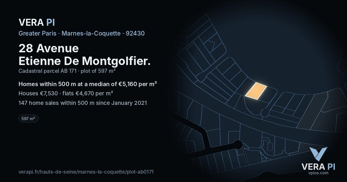 28 Avenue Etienne De Montgolfier, Marnes-la-Coquette at night – the plot lit, the parcels around coloured by the prices near them