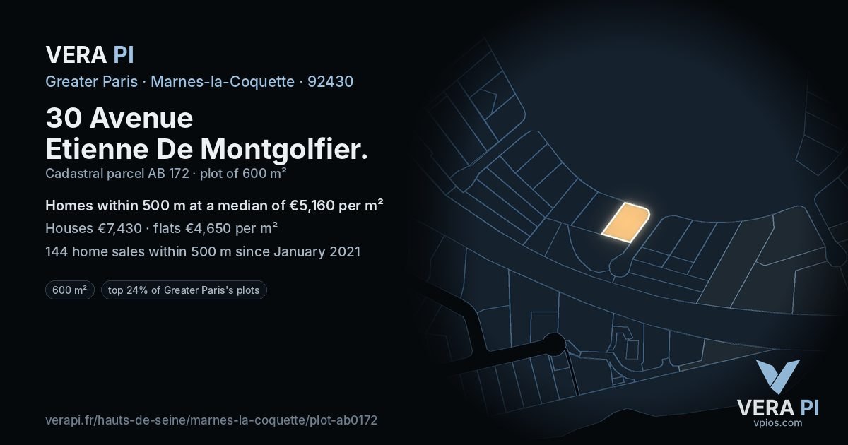 30 Avenue Etienne De Montgolfier, Marnes-la-Coquette at night – the plot lit, the parcels around coloured by the prices near them